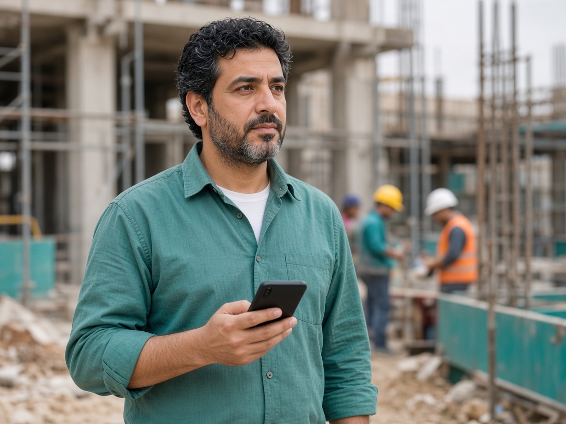 صاحب عمل في موقع بناء يراجع عمل اليوم